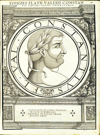 Constantius Chlorus, illusztráció „A teljes kelet és nyugat római császárai”, Rudolph Wyssenbach fametszete, nyomta Andreas Gesner, alkotó: Hans Rudolf Manuel Deutsch